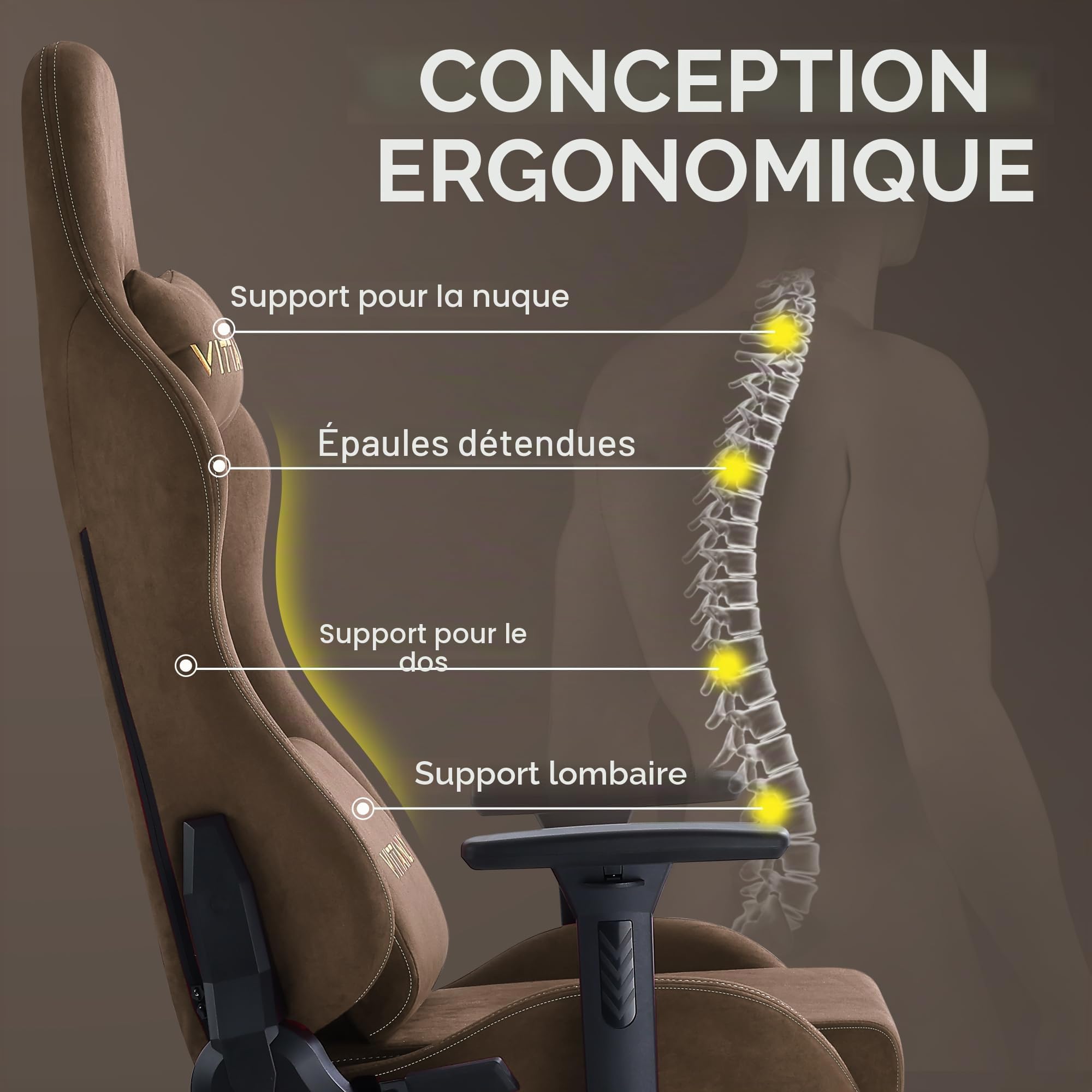 Vittanly Chaise de Gaming - Luxueuse - en Daim synthétique Respirant - Ergonomique - avec Repose-Pieds, Appui-tête et Coussin Lombaire - Accoudoirs 3D - Dossier 90 à 155 ° - Marron