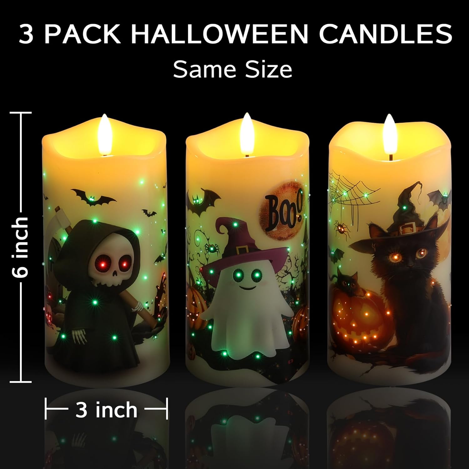 Eywamage Fiber Optic Halloween Flameless Candles with Remote, Flickering Battery Operated LED Pillar Candles Set of 3