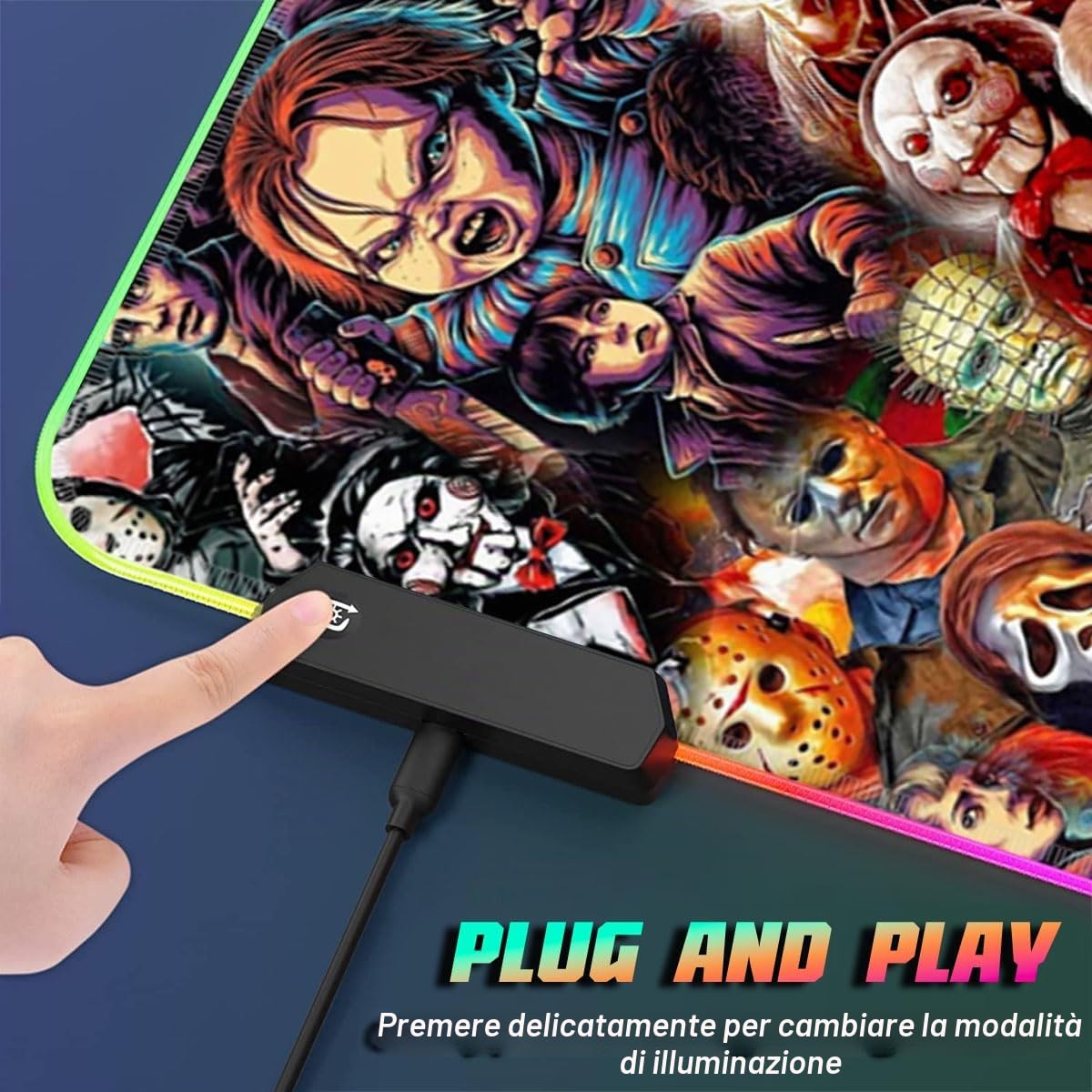 Horror Monster XXL RGB, Tappetino Per Mouse LED Anime, Superficie Impermeabile, 14 Modalità Di Luce, Esteso Per Gaming E Lavoro, 40 X 90 Cm