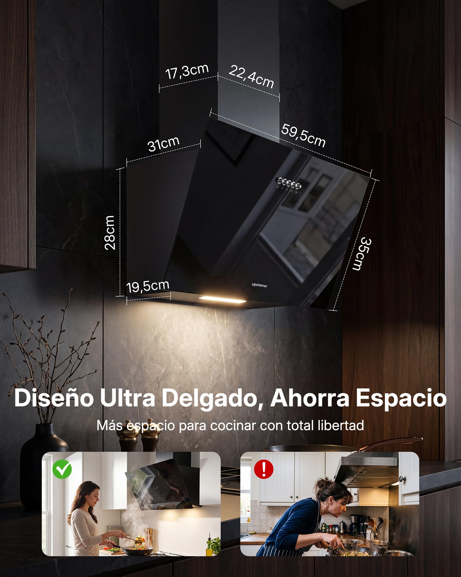 Upstreman Campana Extractora 60 cm, A+++, 56 dB, Diseño Inclinado | 3 vel (324 m³/h), bajo consumo 7 kWh, evita golpes, visión despejada, filtros carbón, LED, filtro lavable, cristal templado