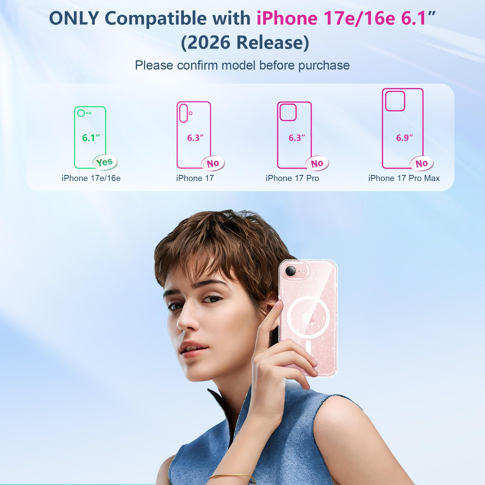 AROYI Coque pour iPhone 17e / iPhone 16e (6,1 Pouces) avec 2 Verres Trempés, Compatible avec Mag Safe, Fine, Scintillante, Glitter Etui Antichoc Housse pour iPhone 17e / iPhone 16e, Transparente - 3