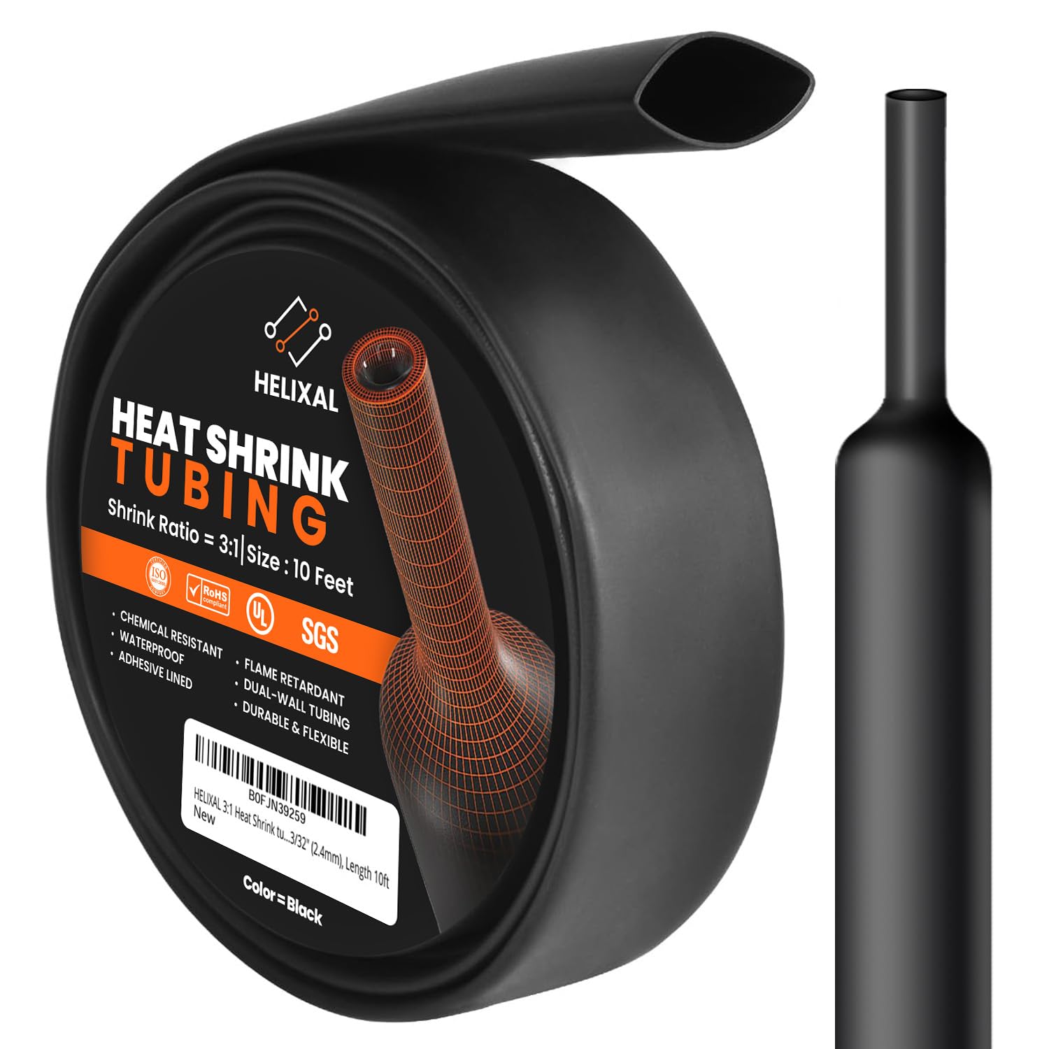 3/32" 2.4mm HELIXAL 3:1 Heat Shrink Tubing Adhesive Dual Wall 10ft Roll