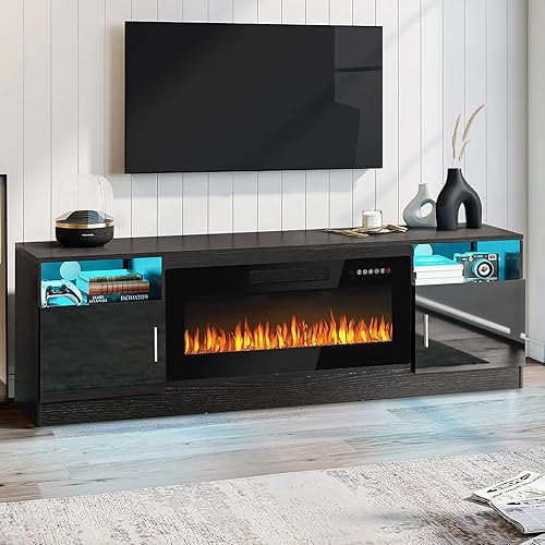 PUKAMI 70“ Fireplace TV Stand with 36" Electric Fireplace for TVs Up to 80", LED Light Entertainment Center with Highlight Storage Cabinet, Modern Wood Media TV Console for Living Room, Black