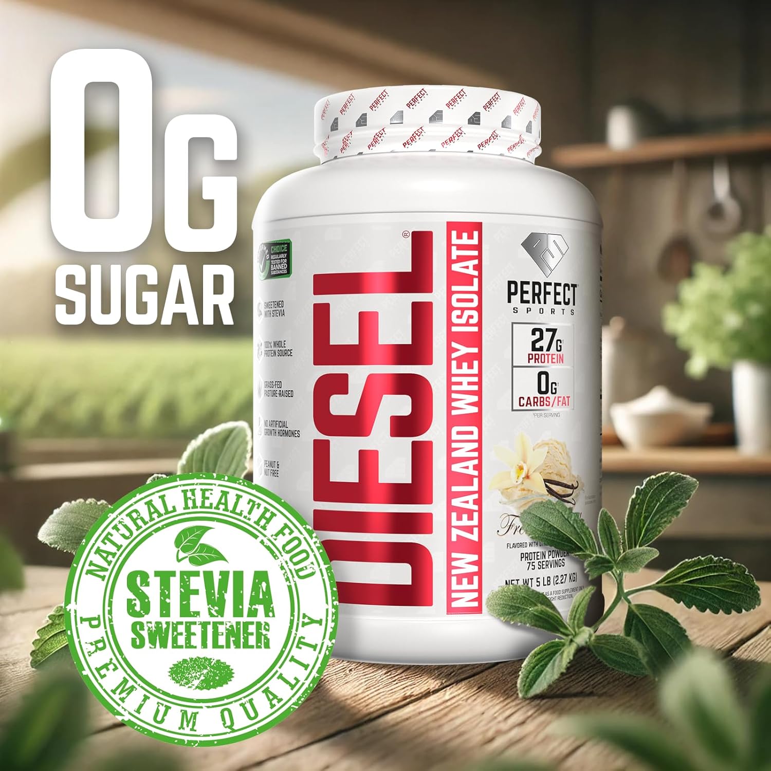 PERFECT SPORTS Diesel 100% New Zealand Whey Protein Isolate | Stevia Sweetened, No Artificial Ingredients, Keto | 0g Carb, 0g Fat, 27g Protein | 5 Pounds (French Vanilla)