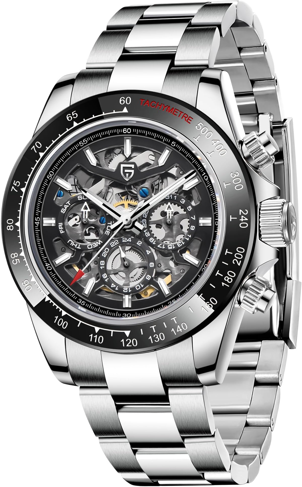HaiqinPAGANI DESIGN 1777 Men's Multifunction Automatic Mechanical Watch Skeleton Rainbow Bezel Stainless Steel Strap Waterproof Luminous Luxury Analog Watch