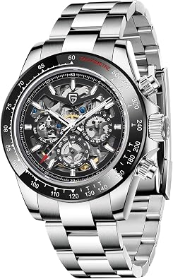 PAGANI DESIGN 1777 Mens Multifunction Automatic Mechanical Watch Skeleton Rainbow Bezel Stainless Steel Strap Waterproof Luminous Luxury Analog Watch