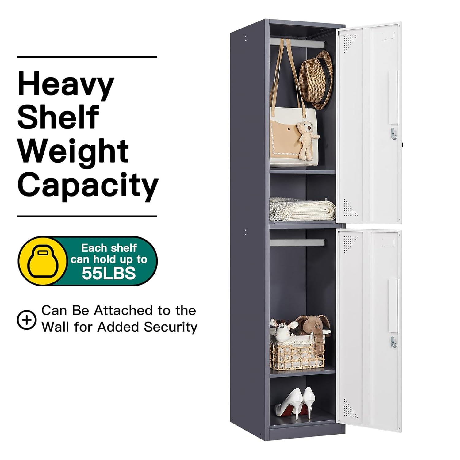 Yizosh Metal Lockers for Employees with Keys, 71" Employees Locker Storage Cabinet with 2 Doors, Tall Steel Storage Locker for Gym, School, Office(2 Door, Gray White)