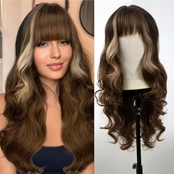 Long Brown Wavy Wig for Women 26 Inch Middle Part Curly Wavy Wig Lace Front Wig Brown Mixed Blonde Wigs with Bangs Synthetic Heat Resistant Fiber Wigs for Daily Party Use