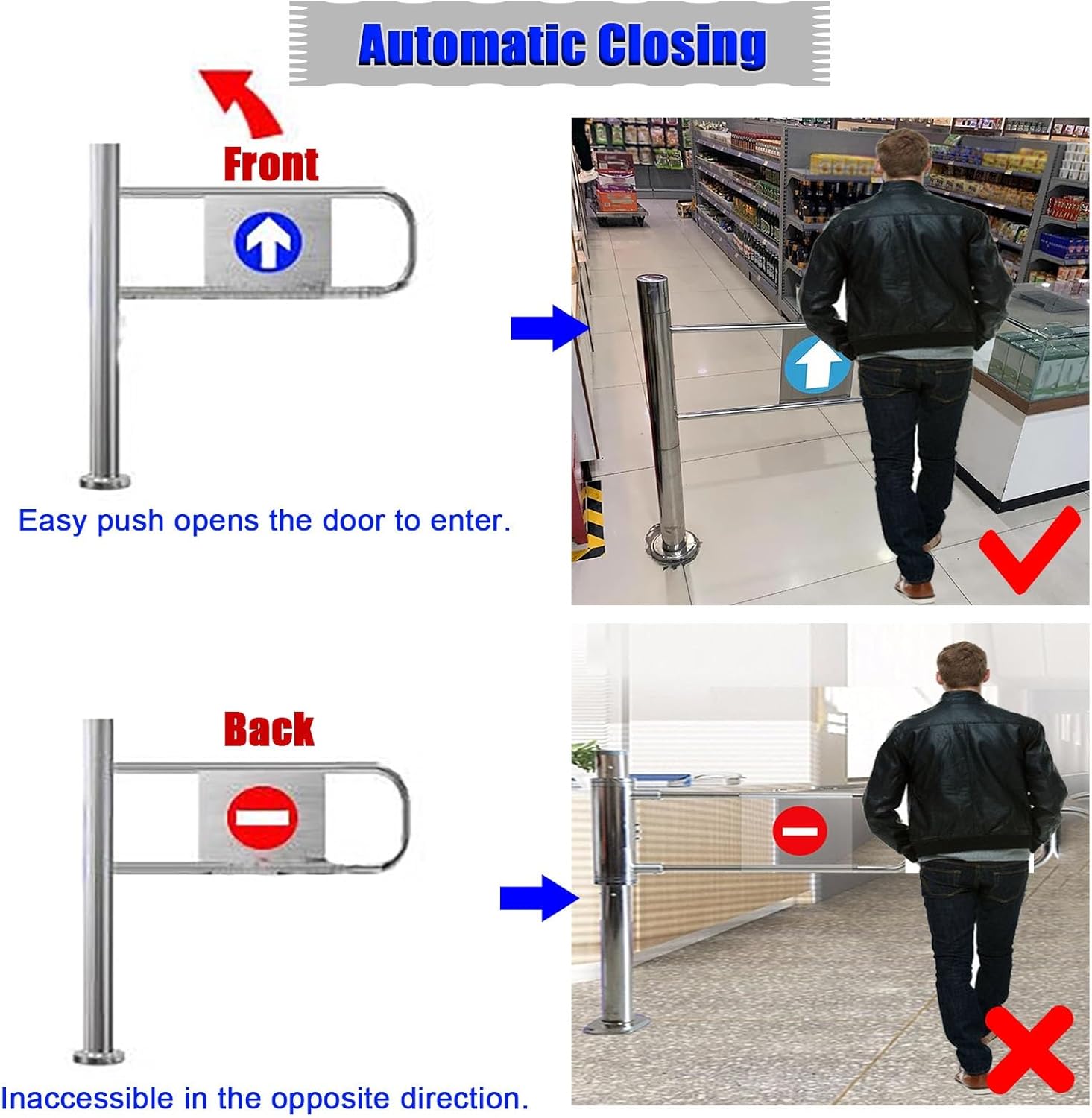 Stainless Steel Automatic Swing Gate with Post Mount, Durable One-Way Door for Libraries & Shopping Malls, Versatile Left/Right Use Entrance/Exit Device (90x100 cm)