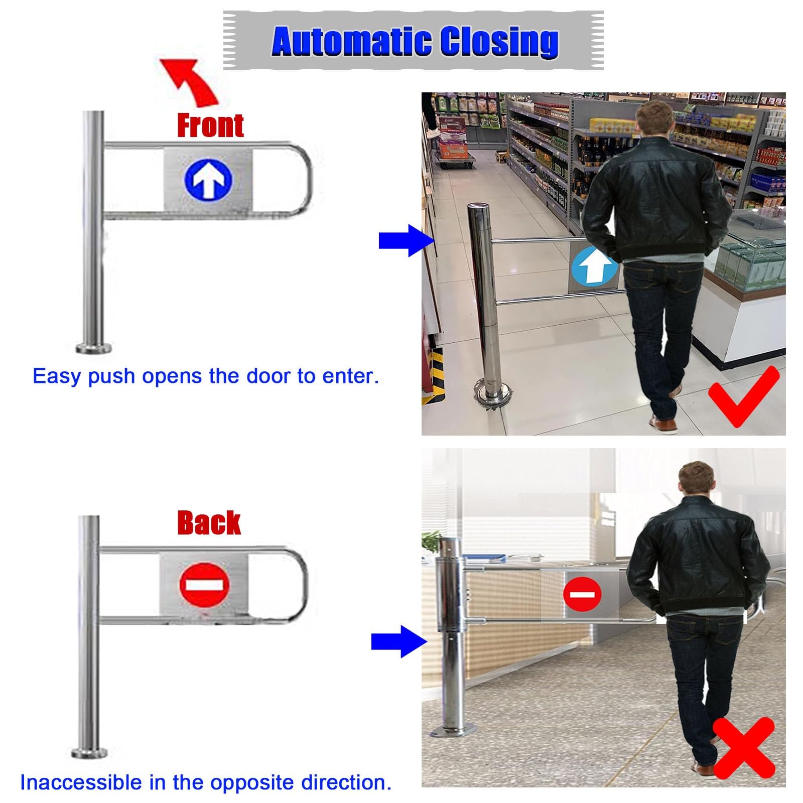 Barrera de seguridad de cierre automático, puerta de acceso manual de 90 grados para pasillos industriales y supermercados, puerta de seguridad de bloqueo unidireccional con instalación de montaje