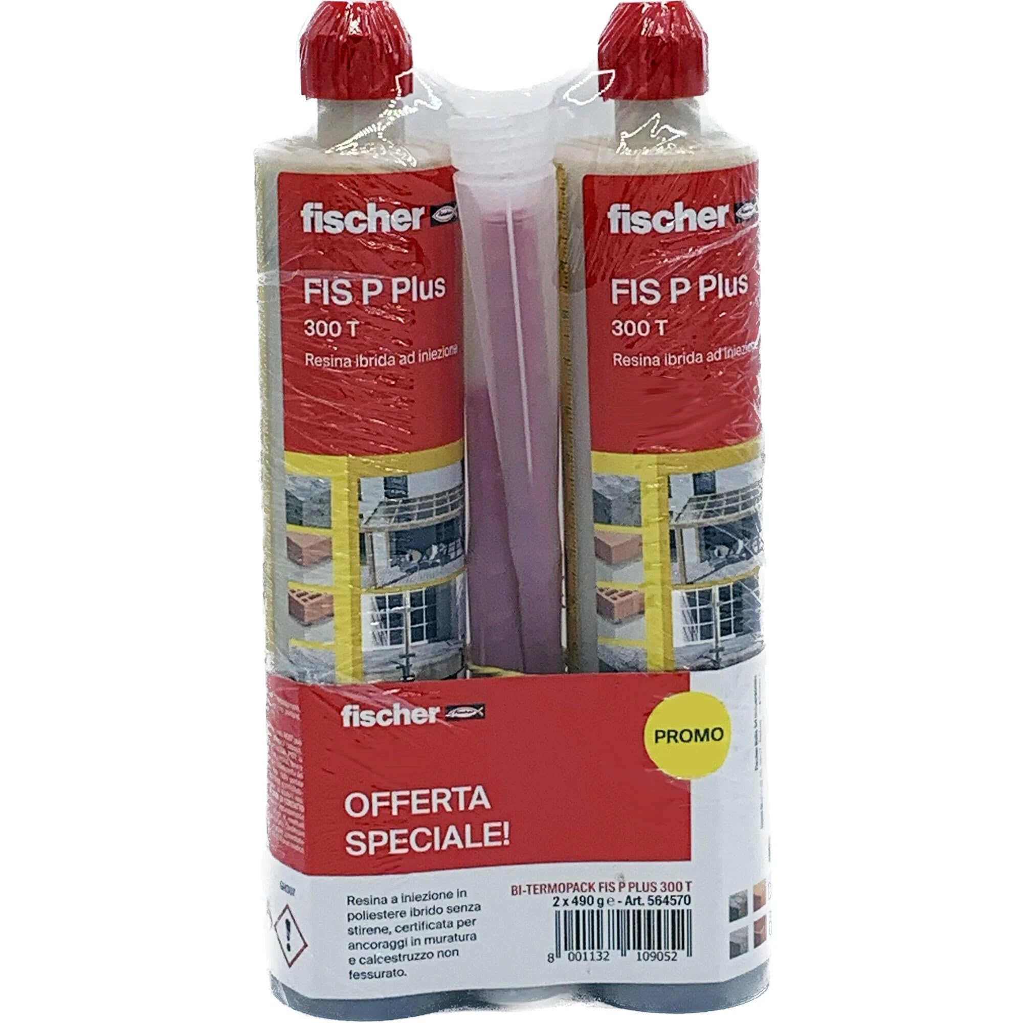 Fischer Bi-Pack Cheville Chimique FIS P Plus 300 T, Ancre Résine Polyester pour Fixation Rideaux de Soleil, Antenne TV, Escaliers en béton, Brique perforée, 2 x 300 ml
