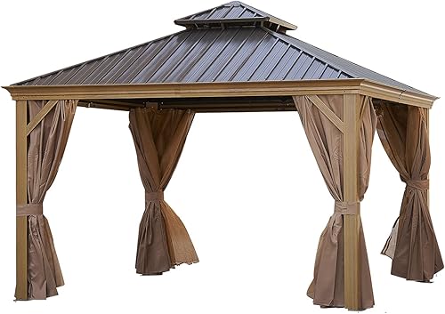 Miniatura 9 de Cenador permanente de 12 x 12 pies, con techo rígido de aluminio, con techo doble de acero galvanizado, con cortinas y malla para patio, patio