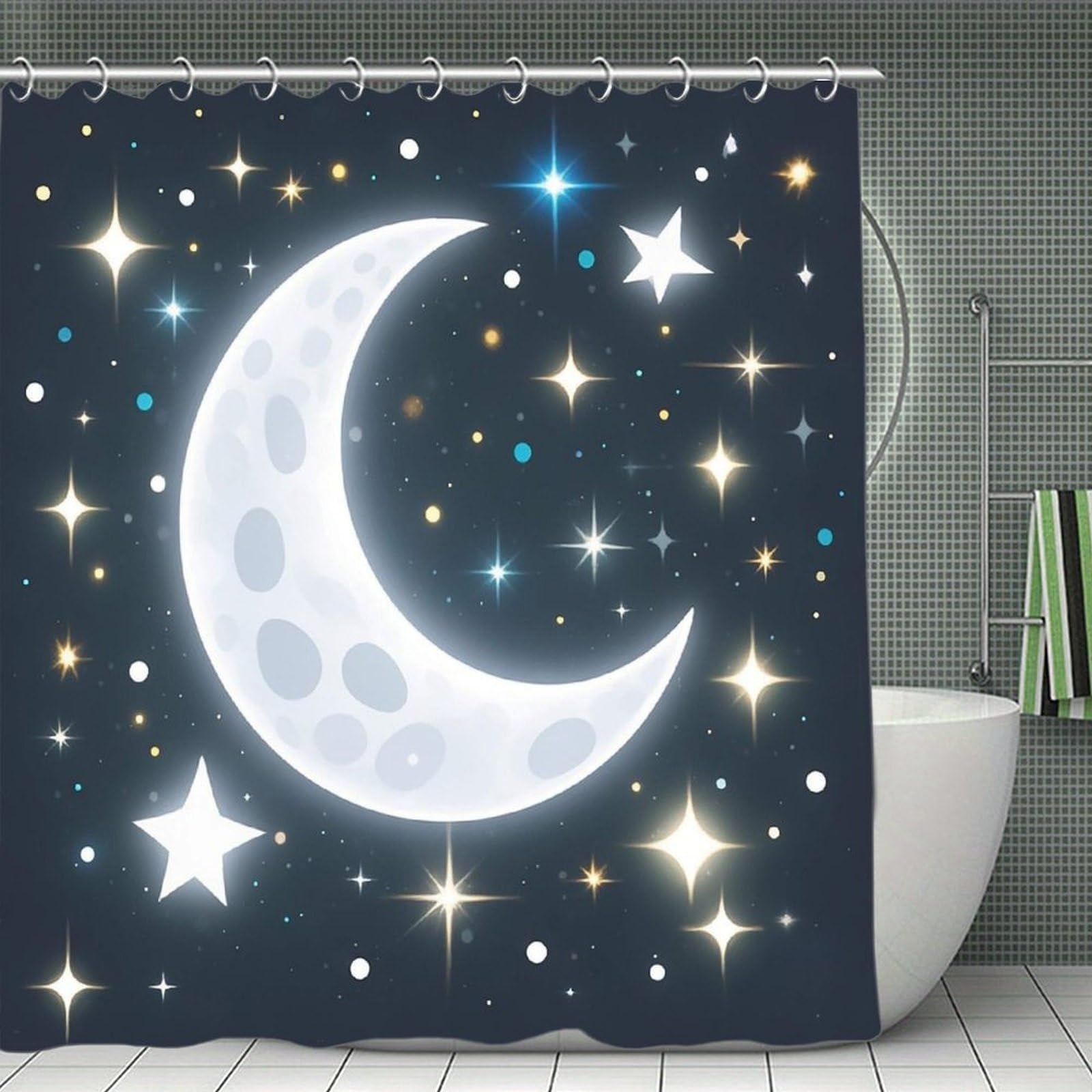 FekiLoot Stars and Moon Shower Curtain Minimalist Thick Bathroom Curtain Washable Modern Bathroom Shower Curtain Heavy Duty Waterproof Cloth Bath Curtain with Hooks 70.8"x70.8"