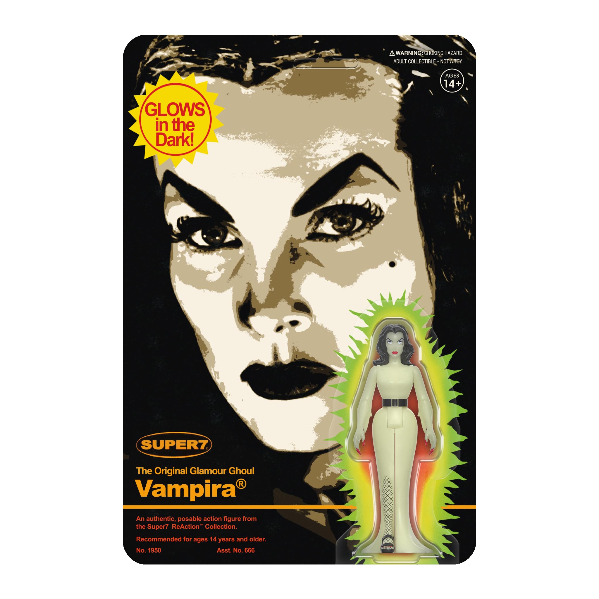 Super7 Action Figure ReAction Vampira - 9,5 Cm, Figura Da Collezione Con Vestito Nero E Capelli Scuri, Licenza Ufficiale