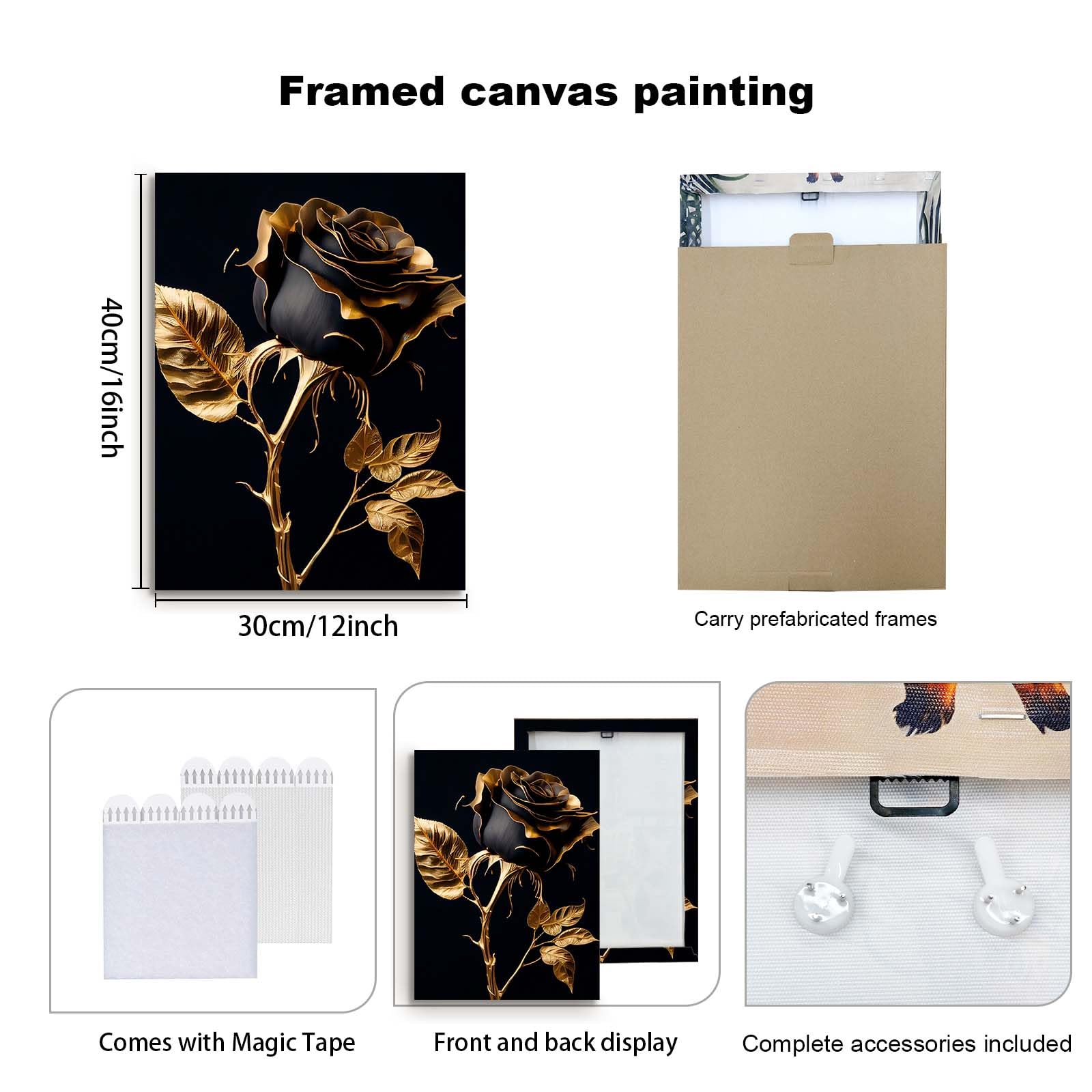 Galmcook Framed Canvas Wall Art 12x16 Inch Black and Gold Rose Modern Artwork Elegant Floral Wall Canvas for Living Room Bedroom Hallway Wall Decoration Prints with Hooks Magic Tape and Nails — view 2