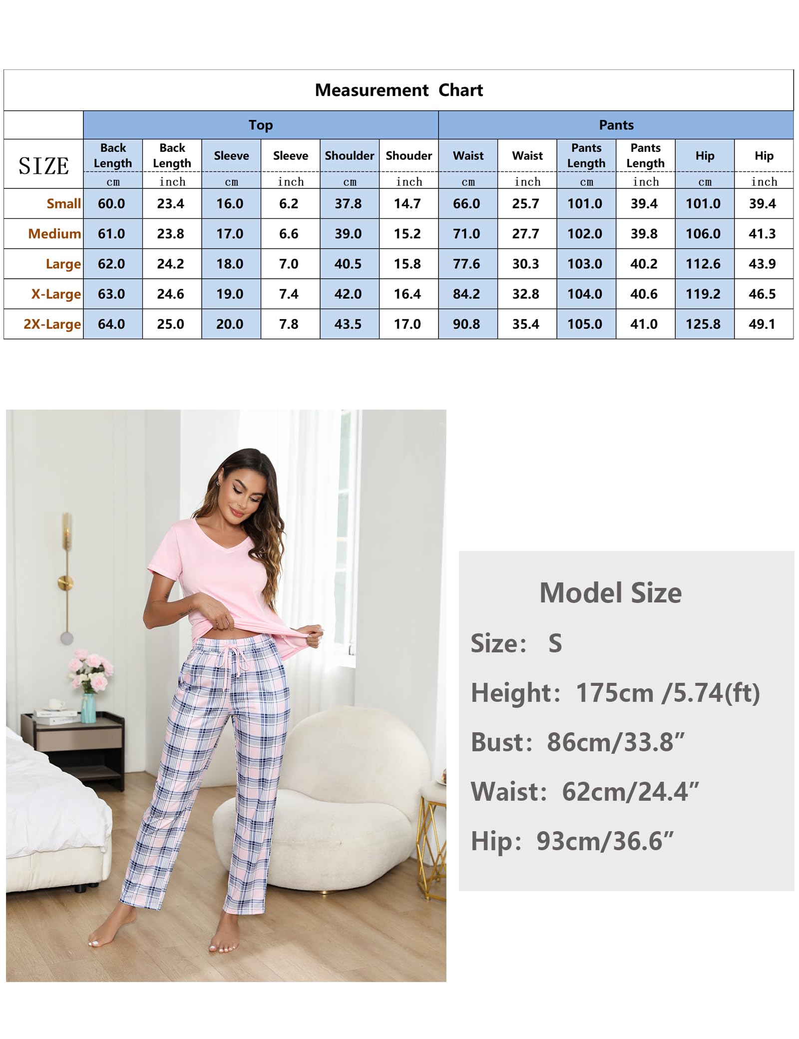 Litherday Pigiama Donna Estivo Cotone Due Pezzi con Maglietta Manica Corta e Pantaloni Lunghi a Quadri Morbido Leggero Scollo a V S-XXL