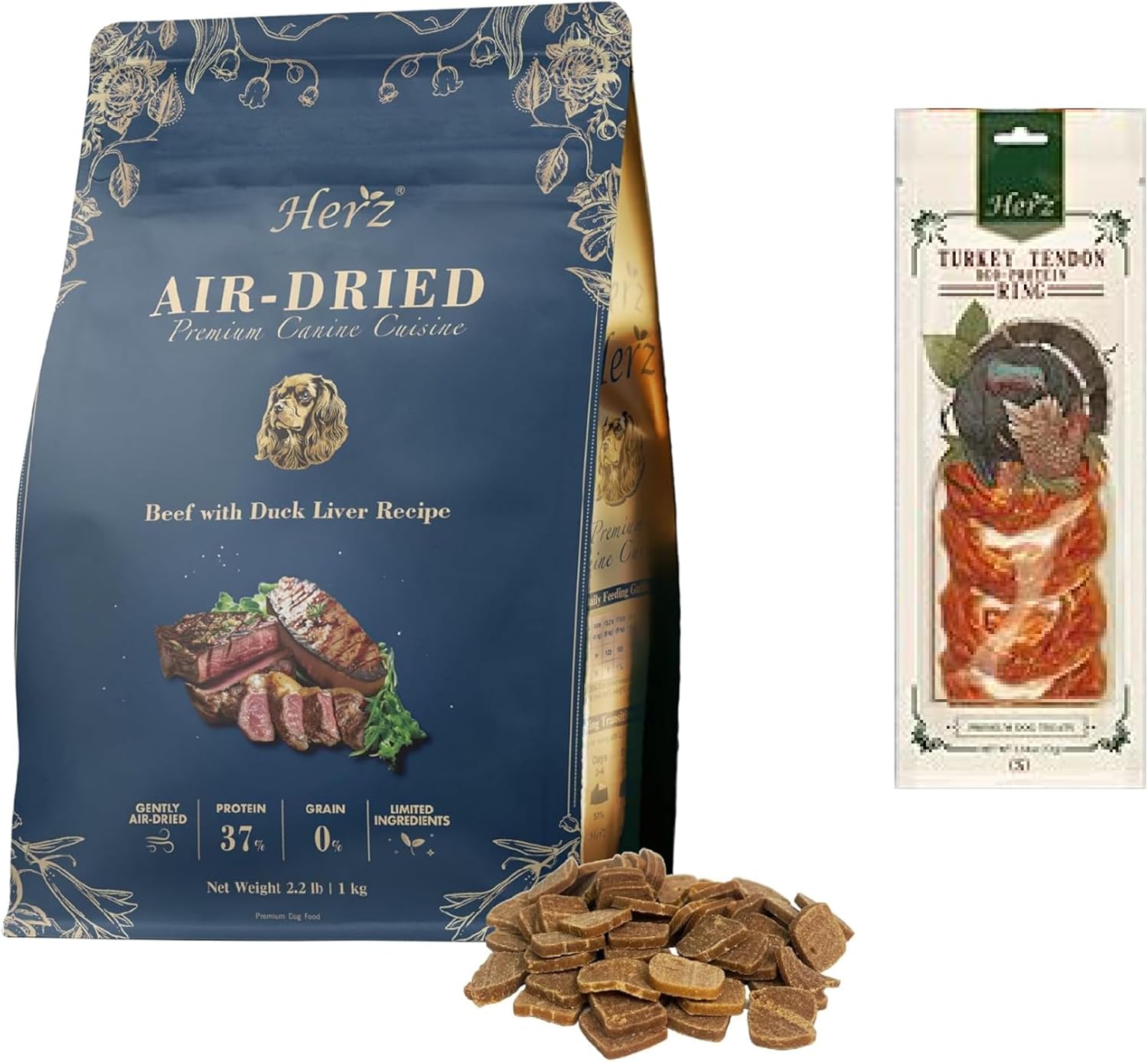 Herz Air-Dried Dog Food Bundle: Beef & Duck Liver Recipe 2.2 lb, ＋ Turkey Tendons Chicken Ring (S), 3 oz | Grain-Free, High-Protein |
