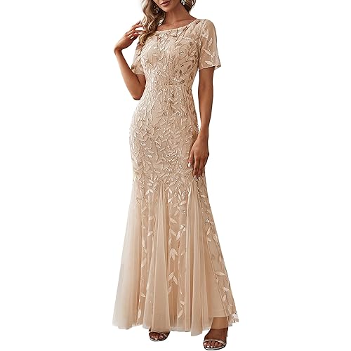 Ever-Pretty Women's Sexy Tulle Short Sleeve Sequins Summer Mermaid Prom Dress