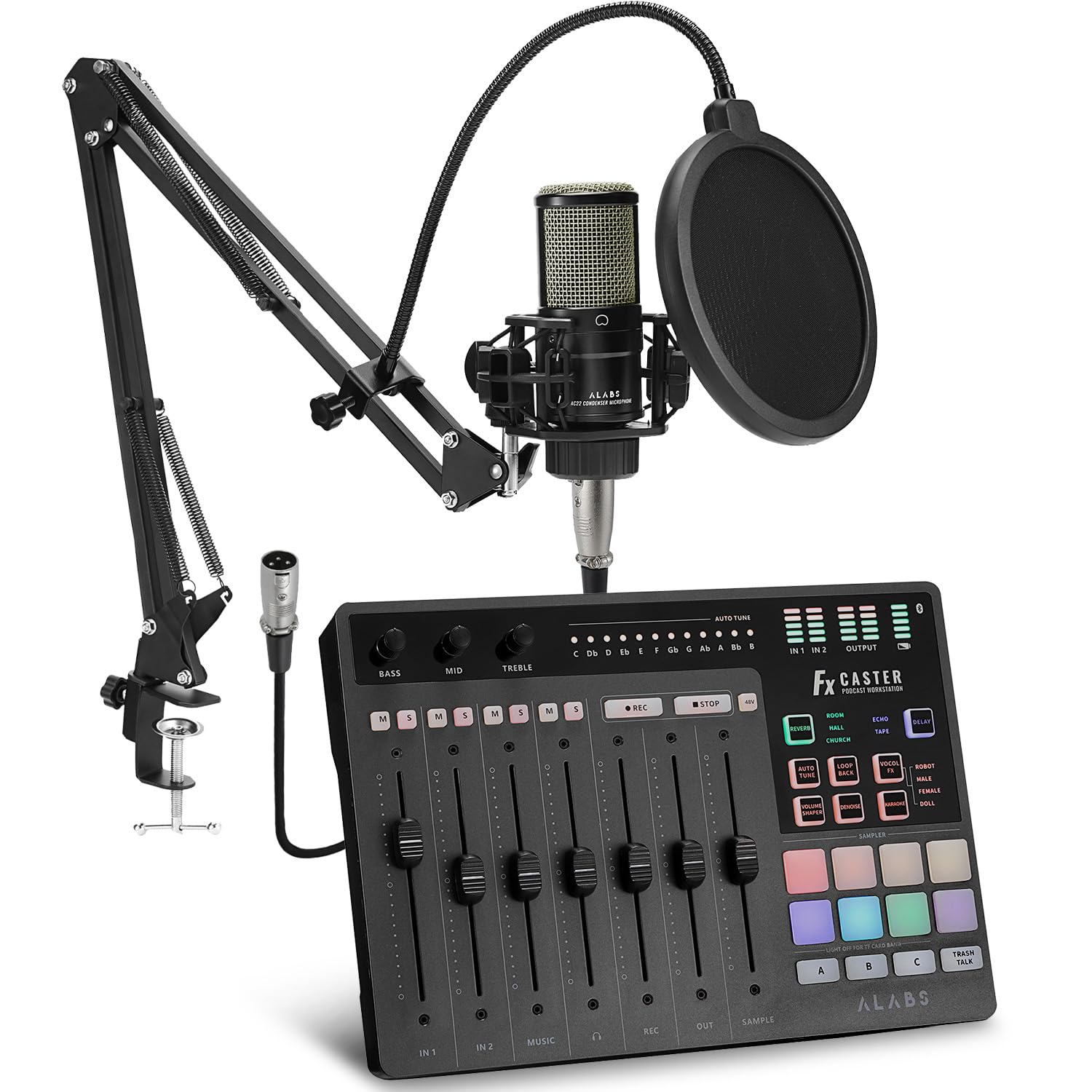 Fxcaster Podcast Equipment Bundle - All-in-One Podcasting Starter Setup with 7-Channel Soundboard, Audio Interface, and 25mm Diaphragm XLR Microphone for Live Streaming, Recording, and TikTok