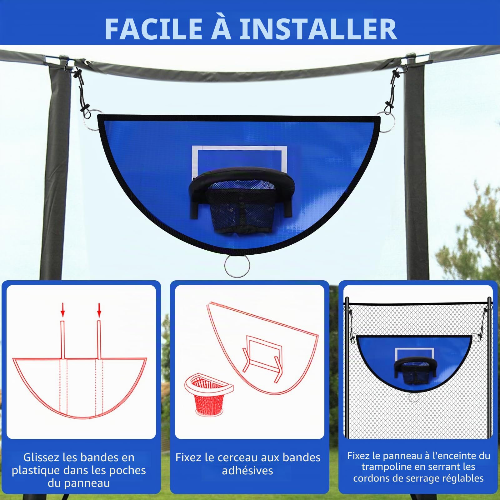Panier Basket Trampoline, Mini Panier pour Trampoline, Basketball pour Trampoline avec 3 Balles et Pompe, Rechange Filet Panier Amovible Adapté Aux Sports D'Intérieur en Plein Air