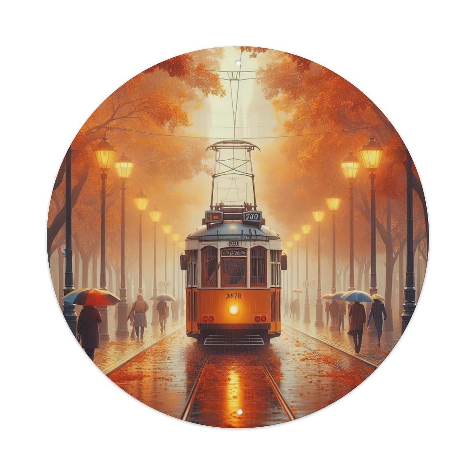 Vintage Rainy Day City Streets Trams Vintage Metal Tin Sign Plaque Wall Decor for Cafe, Club, Garden Round Metal Poster 8x8Inch