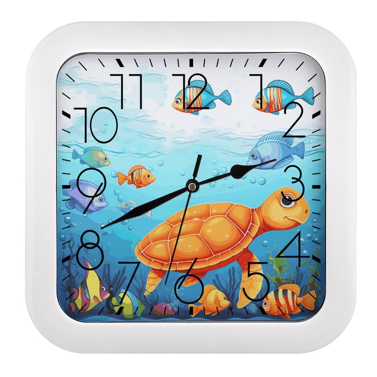 Horloge imprimée tortue et poisson pour classe et bureau d'enfant paisible