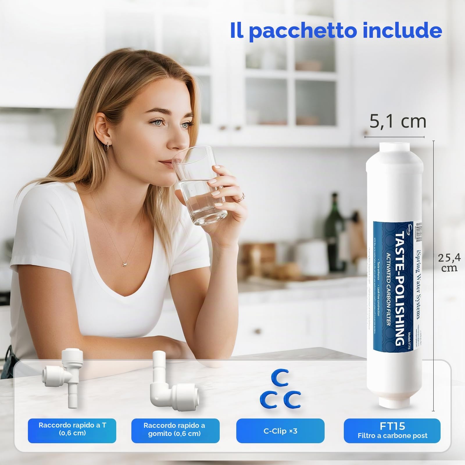 iSpring FT15 Cartuccia di Ricambio Post-filtro a Carbone Attivo, Universale per Osmosi Inversa 5°Stadio, 1 Unità (Confezione da 1), Bianco