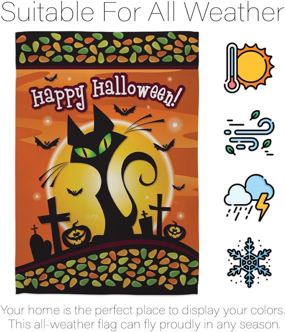 Halloween Black Cat House Flag - Pack Fall Witch Trick or Treat Spooky Night Season Autumntime Pumpkin USA Vintage Applique - Decoration Banner Small Garden Yard Gift Double-Sided Made In 28 X 40