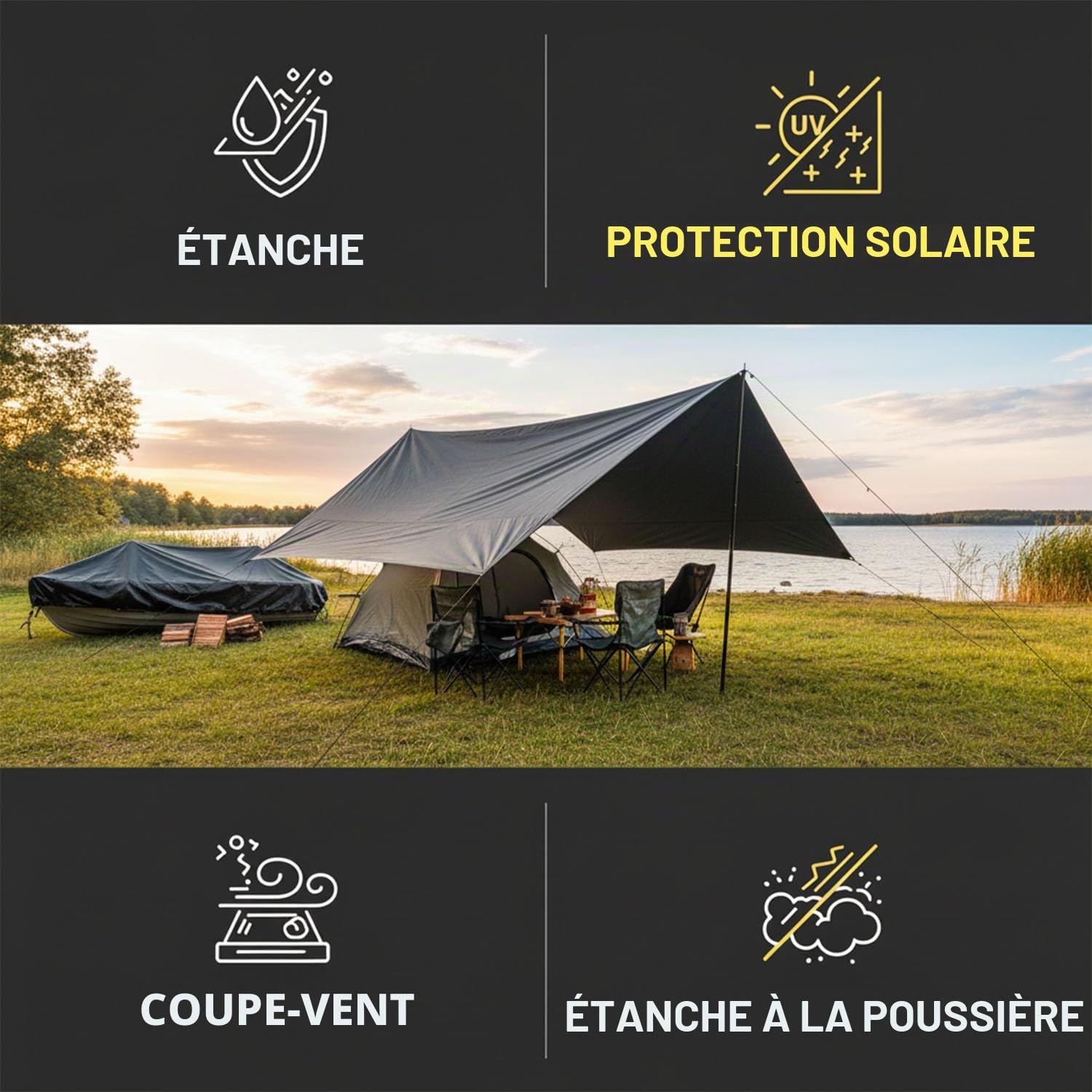3X5 M Bâche imperméable et résistante en polyéthylène 130 g/m² – Noir uni – Anti-UV et antigel – avec œillets métalliques renforcés – Multi-usages pour Jardin, Camping, Meubles, tonnelle, abri