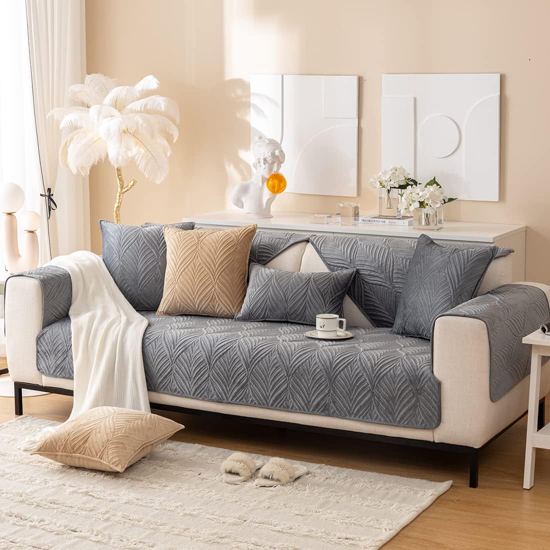 vctops Super Soft Velvet Quilted Sofa Couch Covers Non-Slip Sectional Couch Cover Leaf Pattern Plush Sofa Slipcover Furniture Protector for Pets Kids Children Dog Cat (Grey,36"x82")