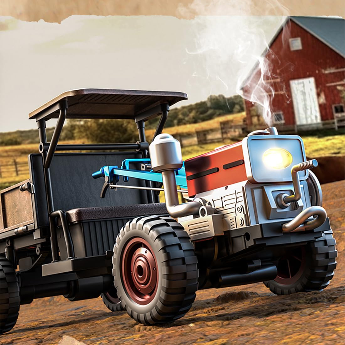 RC Traktor, 2.4G 4WD Vollproportionaler Ferngesteuerter Traktor mit LED Lichtern, simulierten Sounds und Auspuffnebeleffekten, Baufahrzeug Geschenk für Technikbegeisterte (RTR)