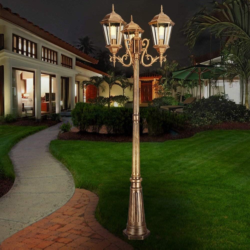 Lanterne en verre vintage européen pour parc, lampadaire de rue, lampe de chemin 3 lumières américaines vintage alimentées par poteau pour allée, allée en aluminium, métal, patio, jardin