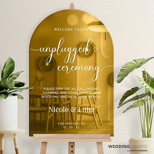 Miniatura 8 de Letrero de bienvenida de boda acrílico con espejo dorado personalizado, decoración de bienvenida con diseño de arco dorado, letrero de boda dorado