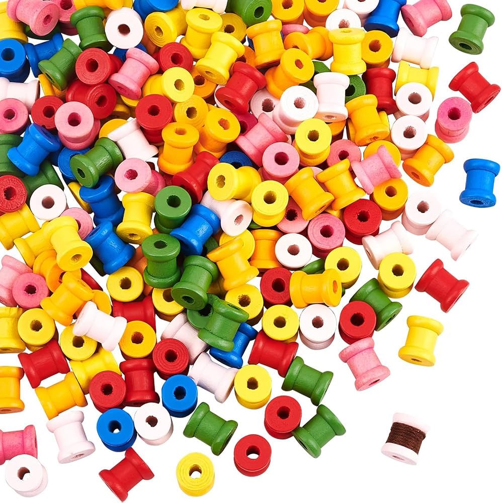 NBEADS 200 PCS Mini Dyed Wooden Empty Spools, Colorful Wooden Spools Thread Bobbin Cord Wire Sewing for Women Stitch Embroidery Floss Thread Storage
