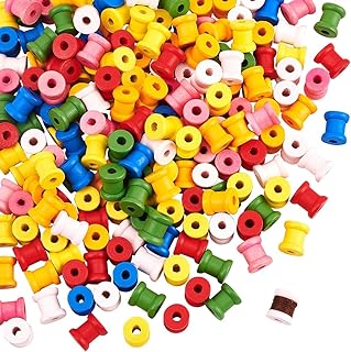 NBEADS 200 PCS Mini Dyed Wooden Empty Spools, Colorful Wooden Spools Thread Bobbin Cord Wire Sewing for Women Stitch Embroidery Floss Thread Storage