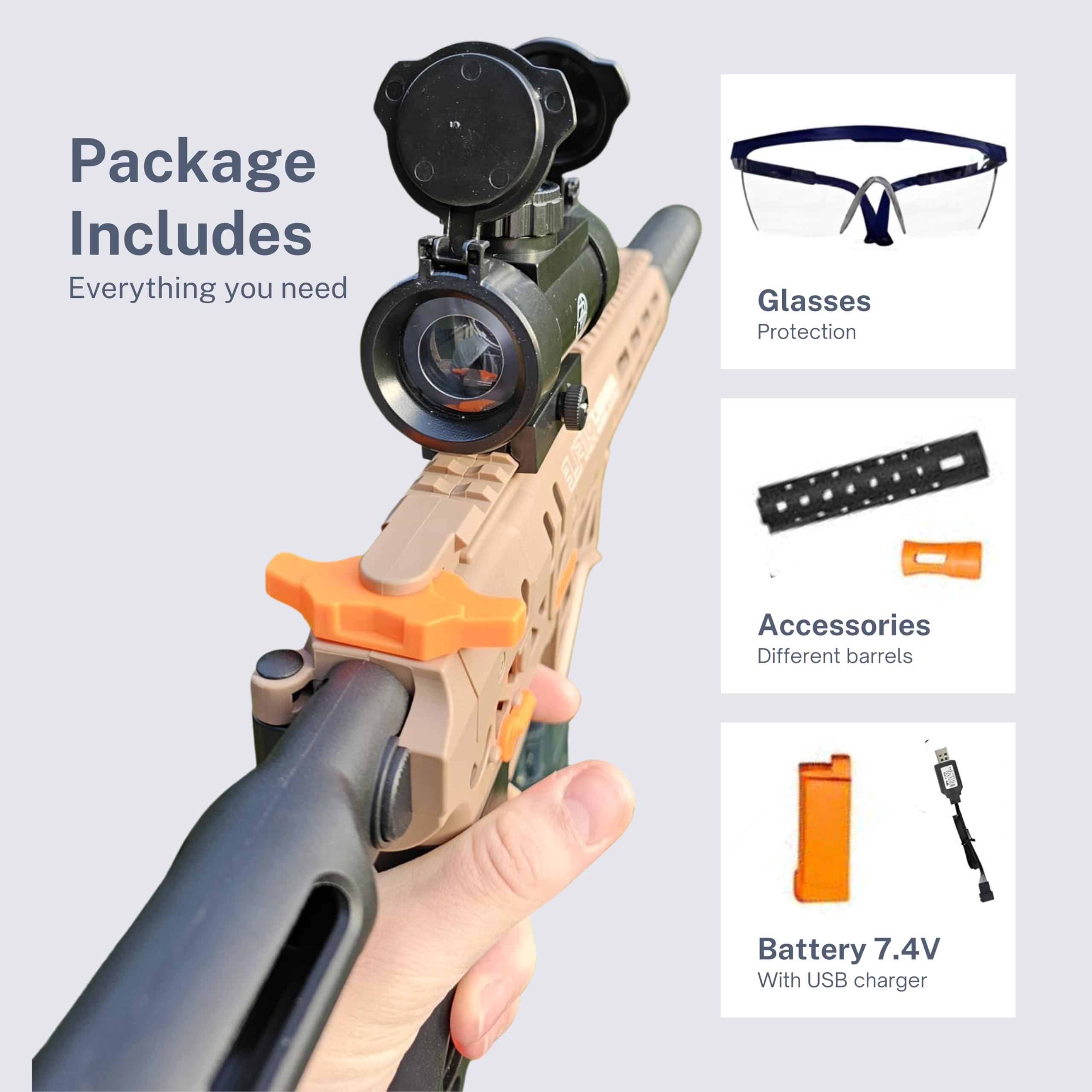 Gel Blaster Gun MK7 – Pistolet à Bille Eau Electrique Automatique – Accessoires & Lunettes – Watersoft Puissant Fusil Arme Mitraillette - Adulte Gelfire Water Gun (Marron)