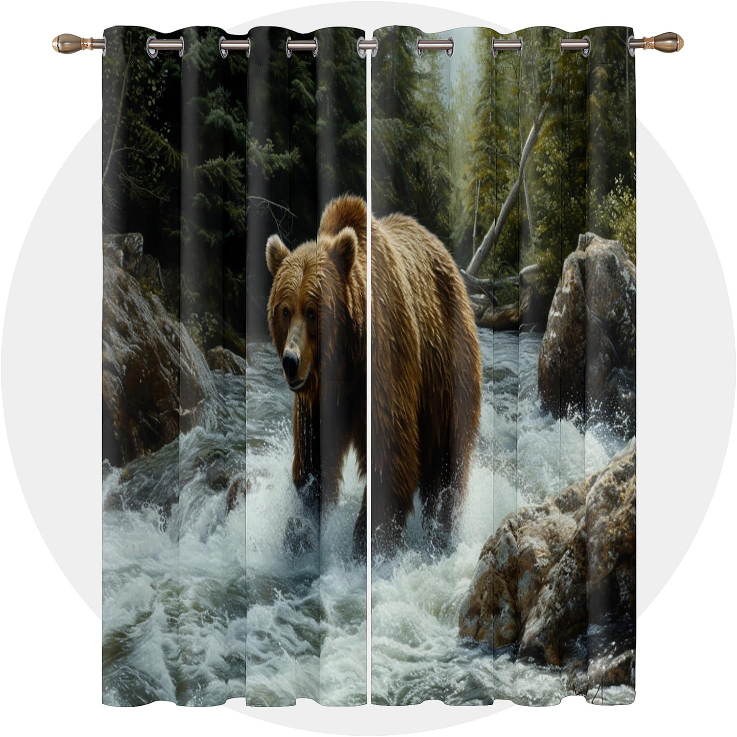 Bear Curtains 63 Inch Length - Wildlife Cabin Animal Grizzly Forest Patterned Blackout Curtains for Living Room Bedroom, Room Darkening Grommet Drapes Window Treatments, 2 Panel Set