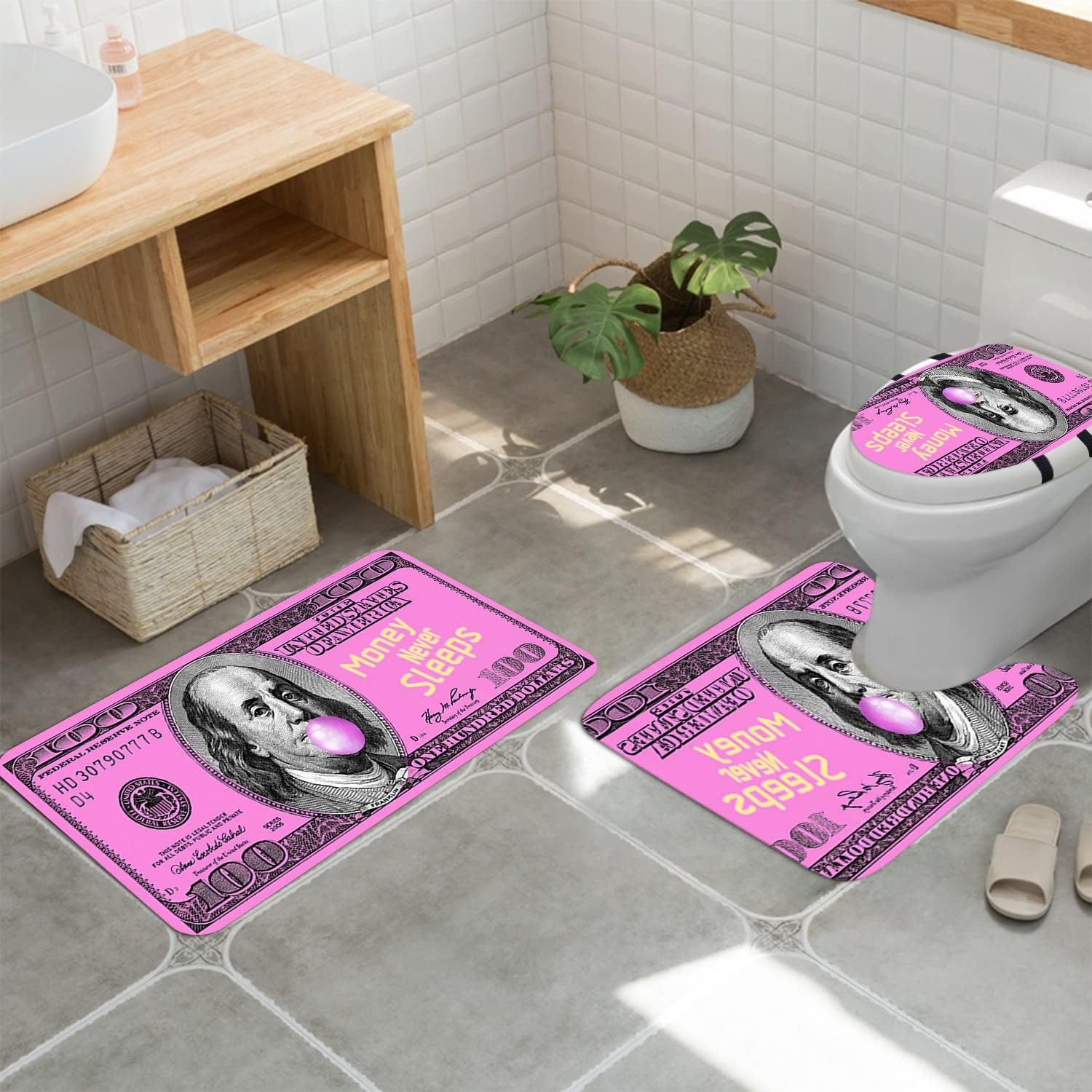 GUBIYU 100 Bill Dollar Bathroom Rugs Flannel Memory Foam Bath Mat Non-Slip Bath Rugs Absorbent Dries Quickly Ultra Soft Plush Bath Mats for Bathroom 3 Piece Set 19.7x31.5+19.7x15.75+17.7x15 in Pink