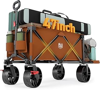 Timber Ridge 47" L Collapsible Wagon with Tailgate & Brake, 300lbs Heavy Duty Beach Wagon with All-Terrain Big Wheels, 250L Foldable Utility Cart for Sand Camping Sports Shopping, Orange