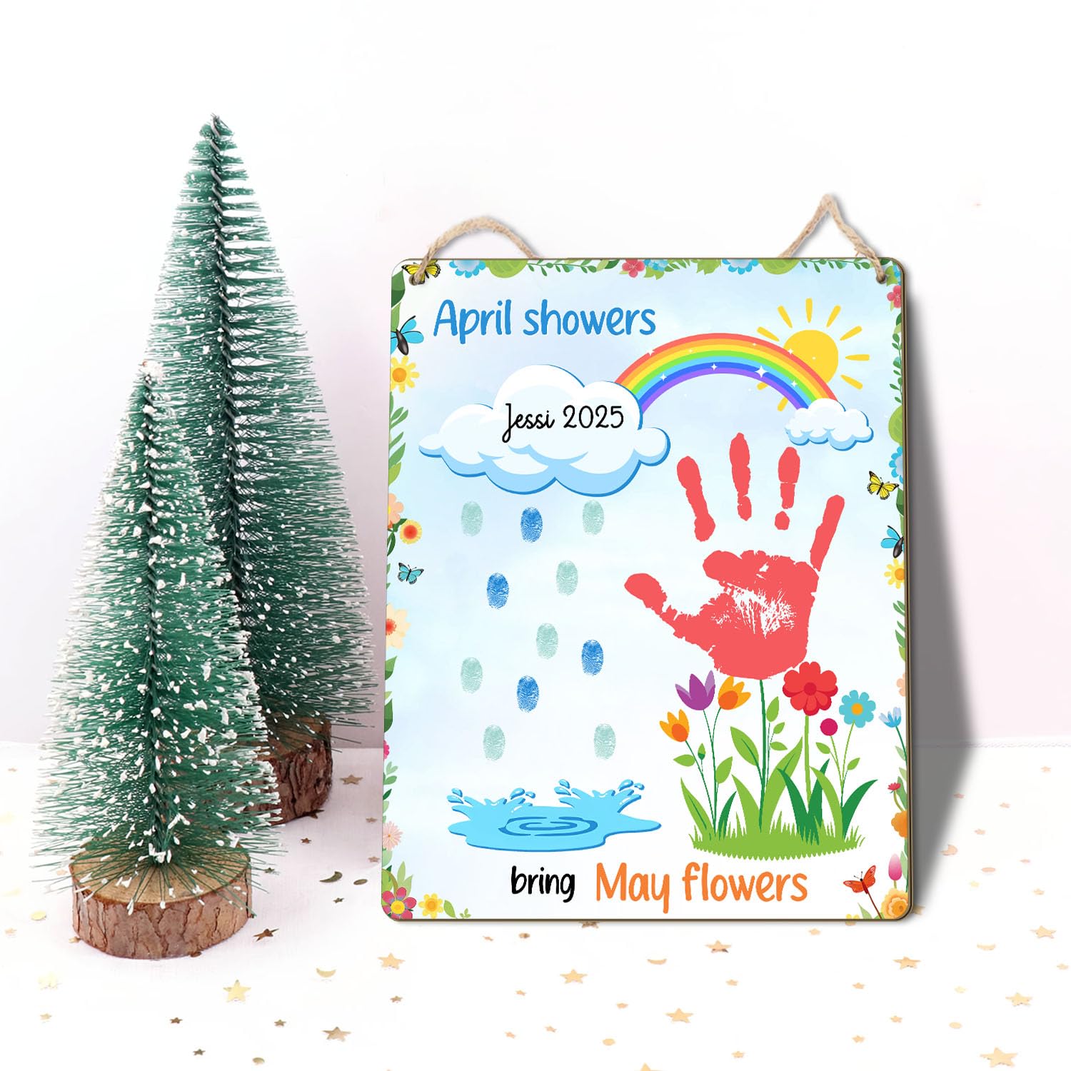 DIY Handprint Fingerprint Art Sign, Baby's First Handprint Craft for Toddler Kid, Finger Print Crafts, Newborn Keepsake Spring Activities PreK Preschool Baby Milestone, April Showers Bring May Flowers
