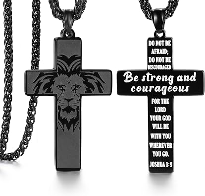 SAM & LORI Strength and Faith Gifts for Him-Masculine Cross Necklace-Bold Lion Head and Cross Design-Inspiring Message Engraved 18-24 inches