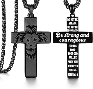 SAM & LORI Strength and Faith Gifts for Him-Masculine Cross Necklace-Bold Lion Head and Cross Design-Inspiring Message Engraved (18-24 inches)