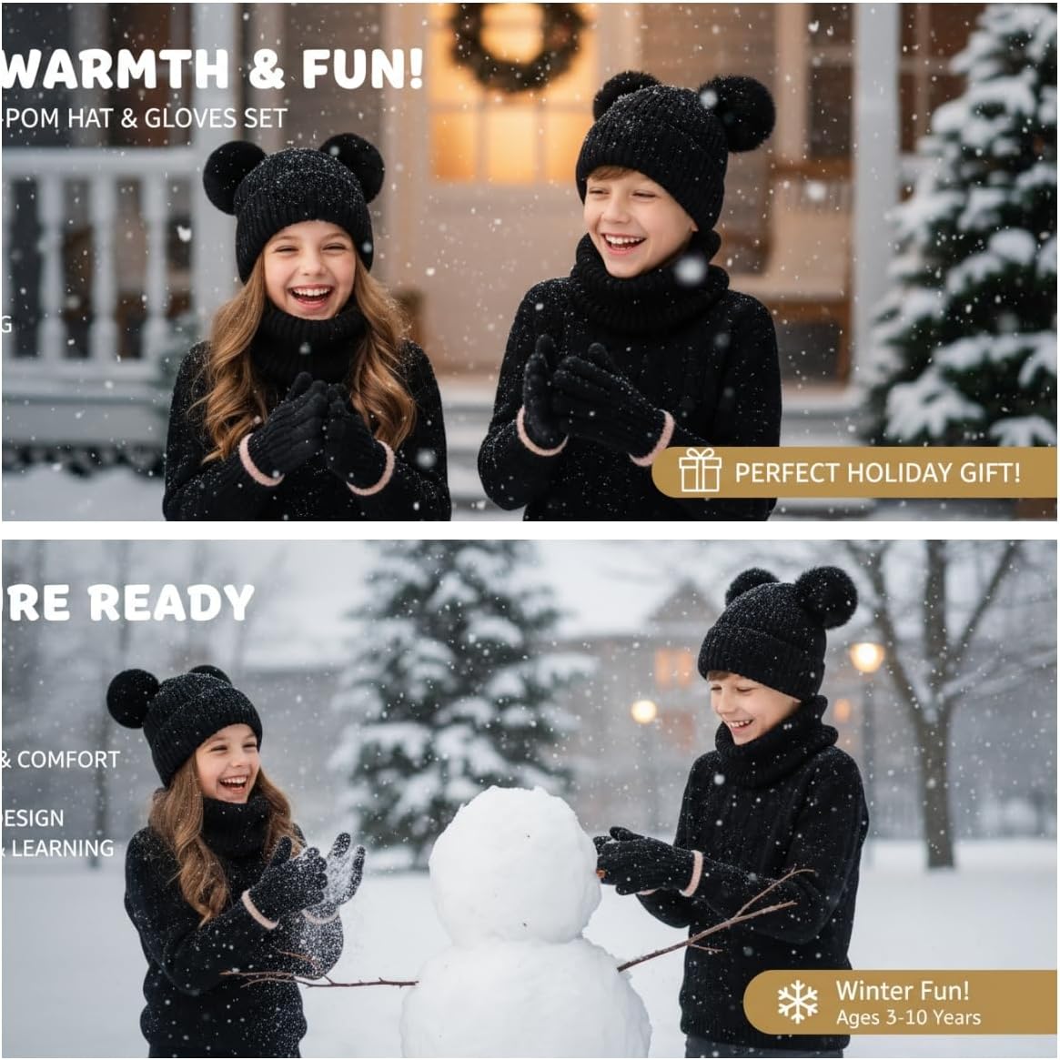 FENELY 3Pcs Kids Winter Hat Scarf Gloves Set, Children Knit Warm Ear Cap with Gloves Neck Warmer for Boys Girls 3-10 Years - Image 2