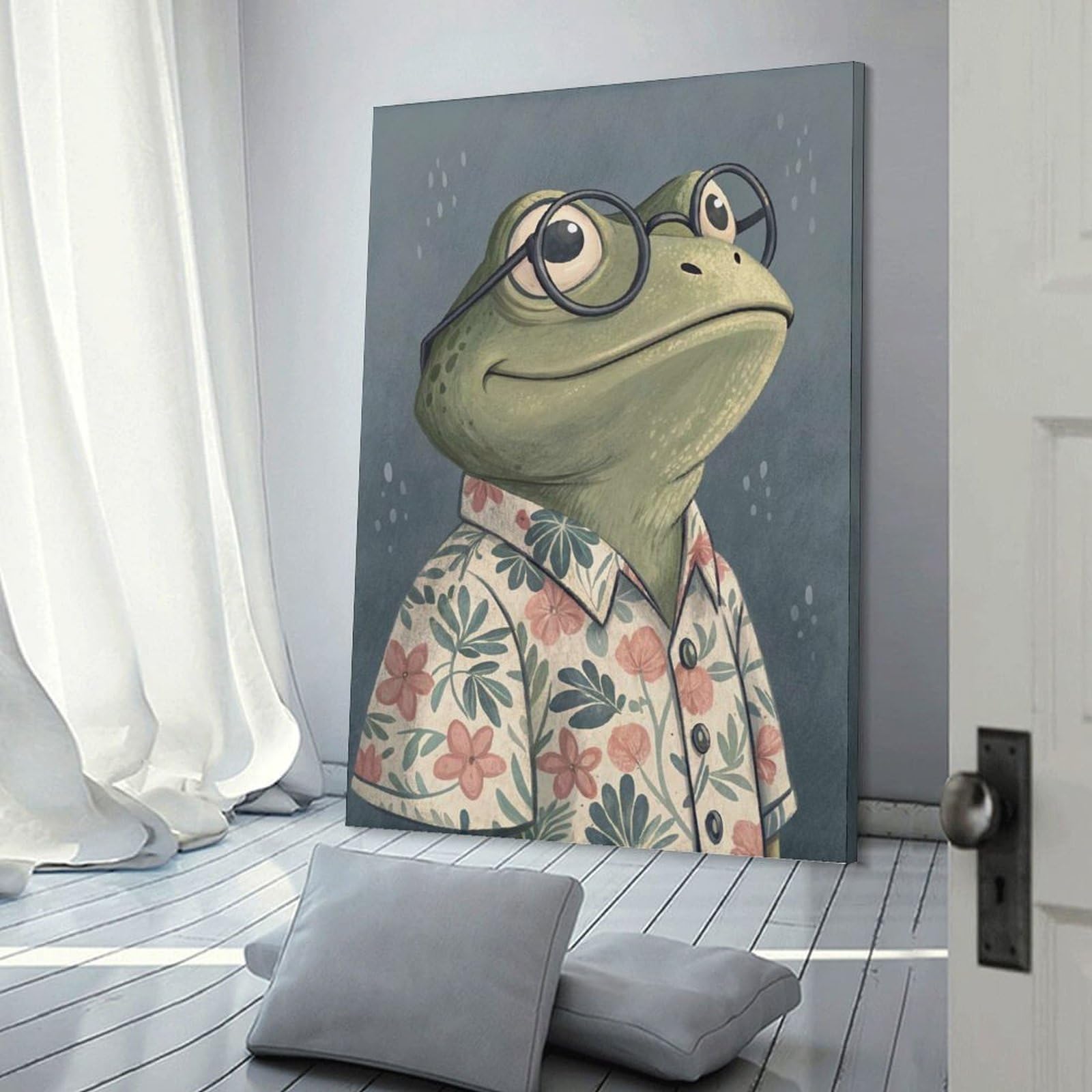 Junmoney Frog with Glasses And Floral Shirt Hanging Wall Art, 12x18inch(30x45cm), for Living Room, Bedroom, Office Or Hallway, Decorative Artwork with Broad Appeal