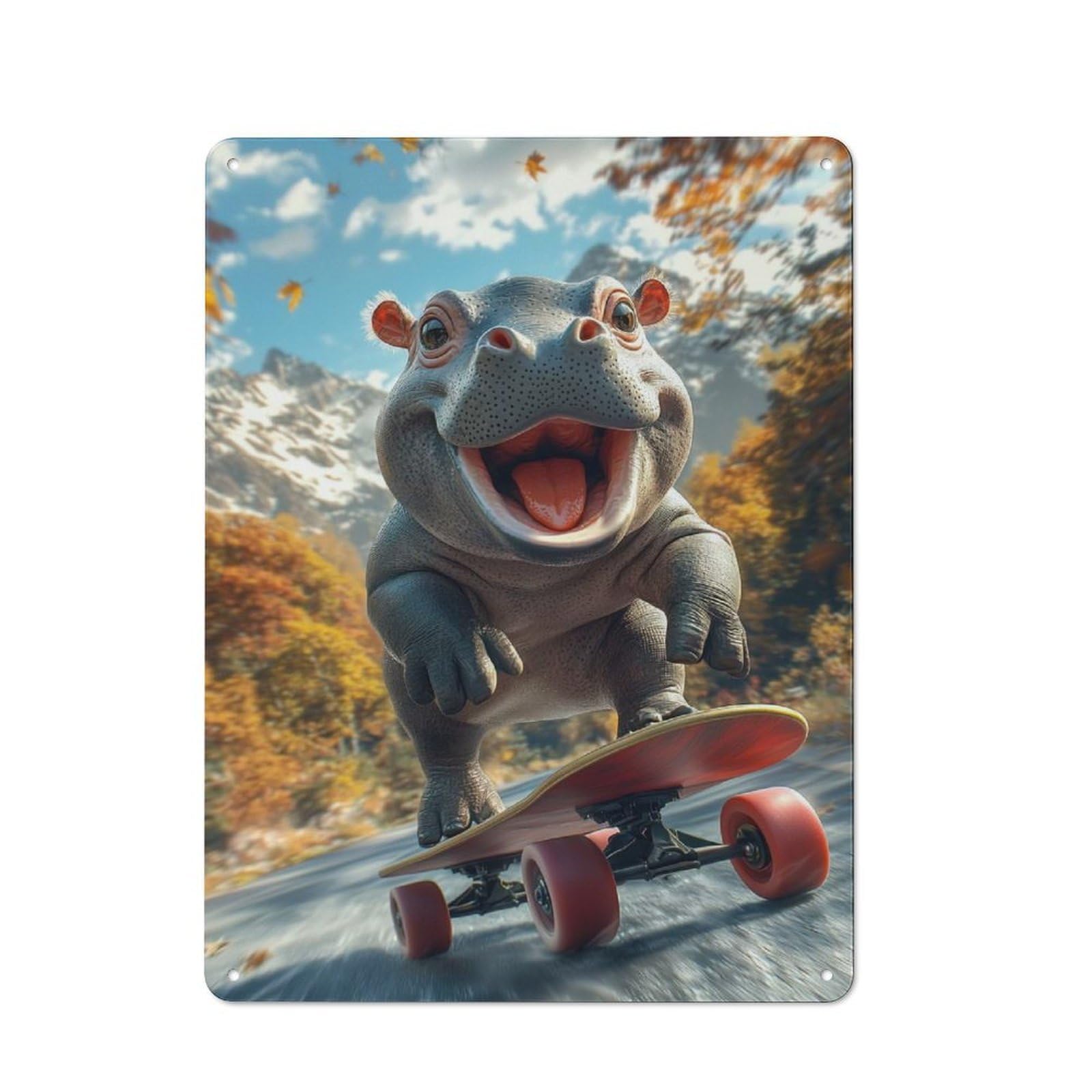 Junmoney Style-22 Tin Wall Plaque 40X30cm With Smiling Hippo Skateboarding For Man Cave Or Games Room, For Vintage Wall Decor Fans, For Themed Room Decoration