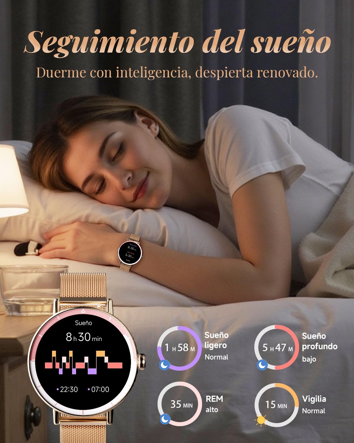 TOOBUR Reloj Inteligente Mujer, 40mm Smartwatch Redondo, IP68, Oro Rosa | Reloj Deportivo Que Cuenta Pasos y Calorías, Compatible con Android e iOS, Responder y Realizar Llamadas, Dos Correas