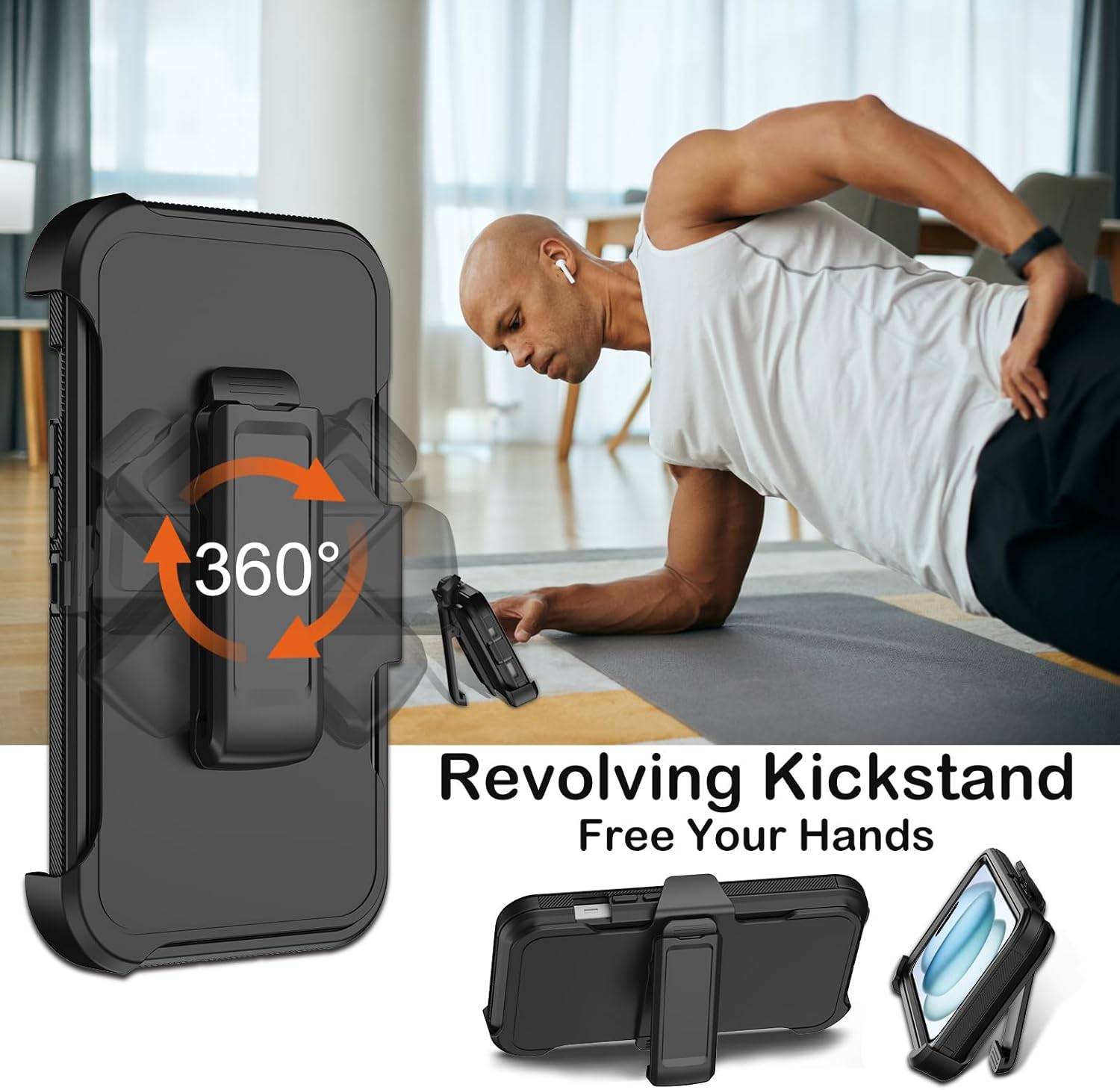 for iPhone 15 Case with Belt Clip Holster,Built-in Screen Protector,Heavy Duty Shockproof Drop Protection Military Grade 3 Layers Rugged Durable Phone Cover with Kickstand for Apple 15 6.1“ (Black) - Image 5