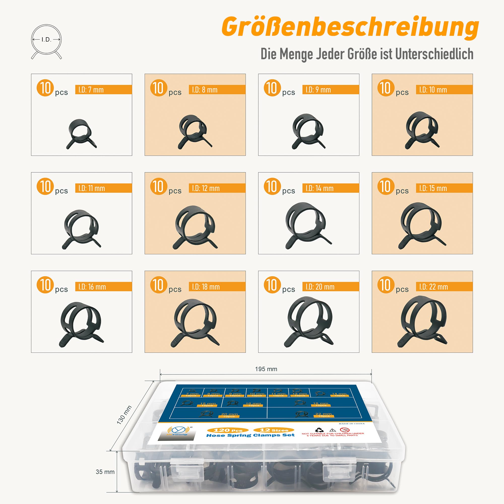 DIYoung 120 Pièces Colliers de Serrage à Ressort 7-22 mm, Noir Clips à Ressort avec Pince, pour Tuyaux et Conducteurs de Carburant (12 Tailles + Pince)