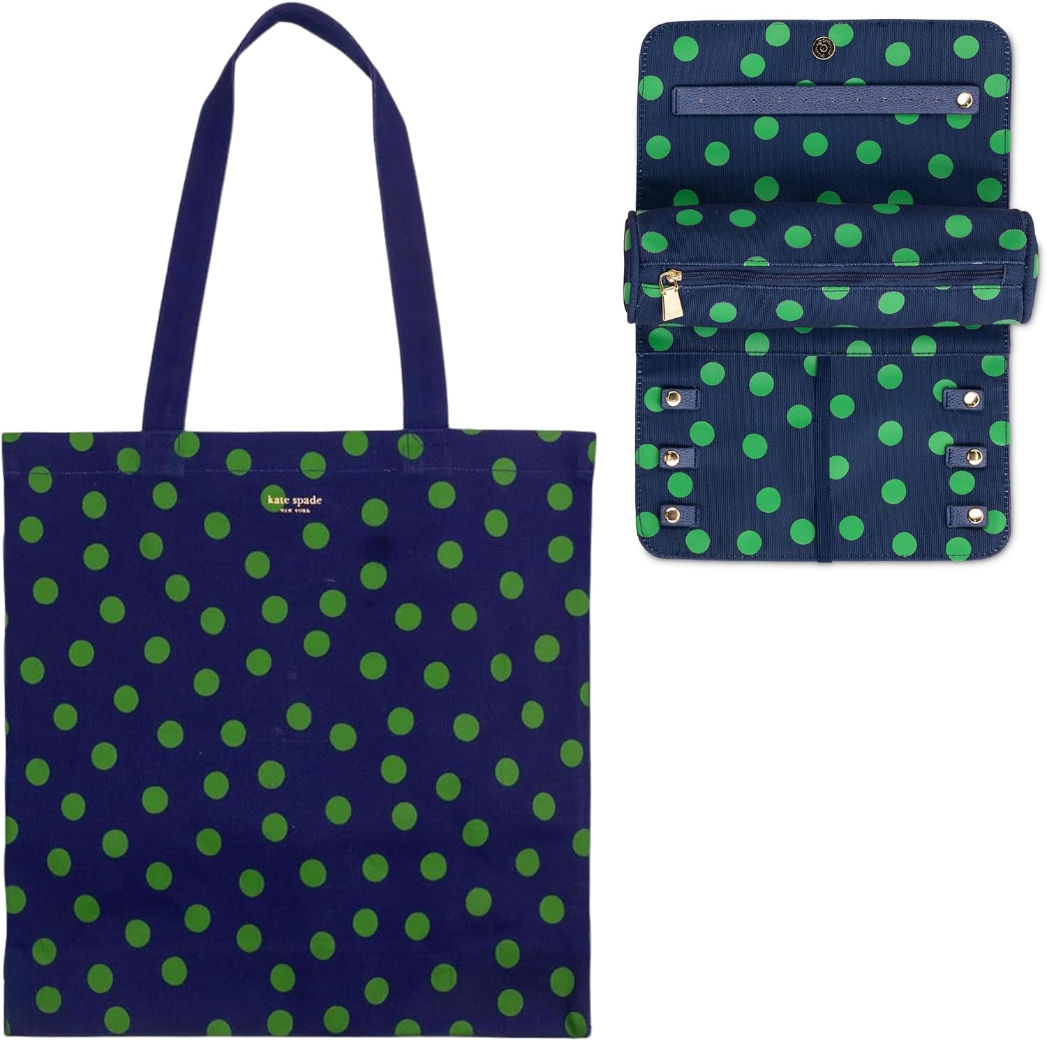 kate spade new york Canvas Tote Bag for Women Bundle with Travel Jewelry Case Organzier, Sonnet Dot