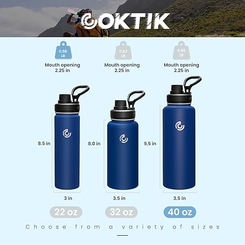 Miniatura 2 de COKTIK Botella de agua deportiva de 40 onzas con popote, 2 tapas, botellas de agua aisladas al vacío de acero inoxidable, a prueba de fugas,